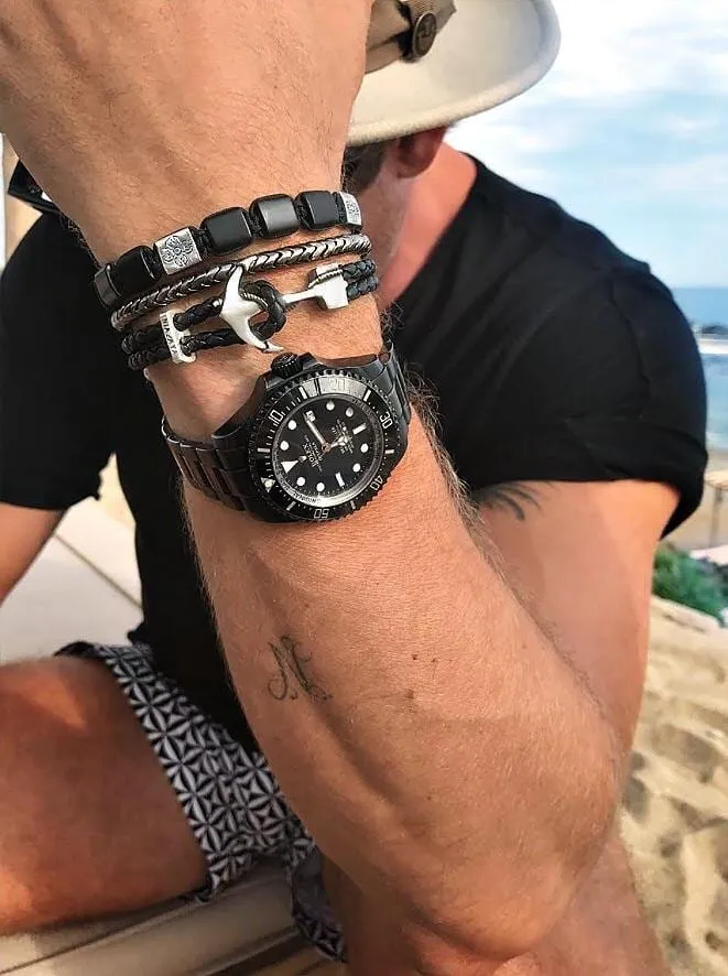 Men's Black Leather Bracelet with Silver Anchor