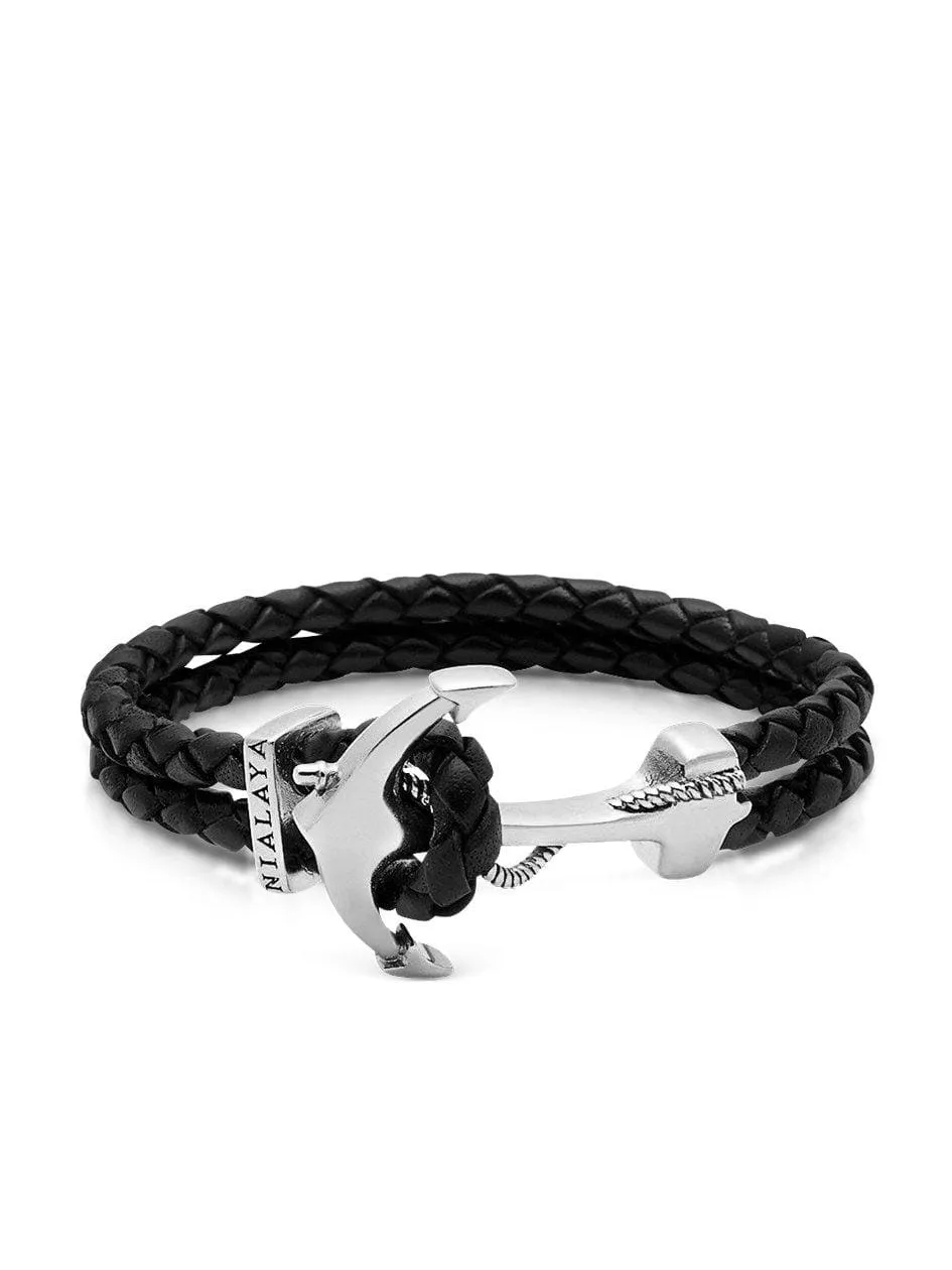 Men's Black Leather Bracelet with Silver Anchor
