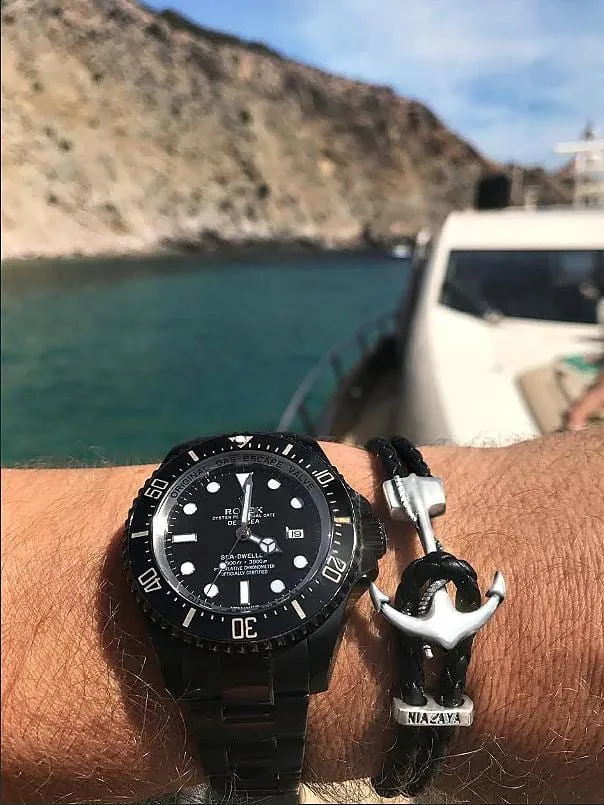 Men's Black Leather Bracelet with Silver Anchor
