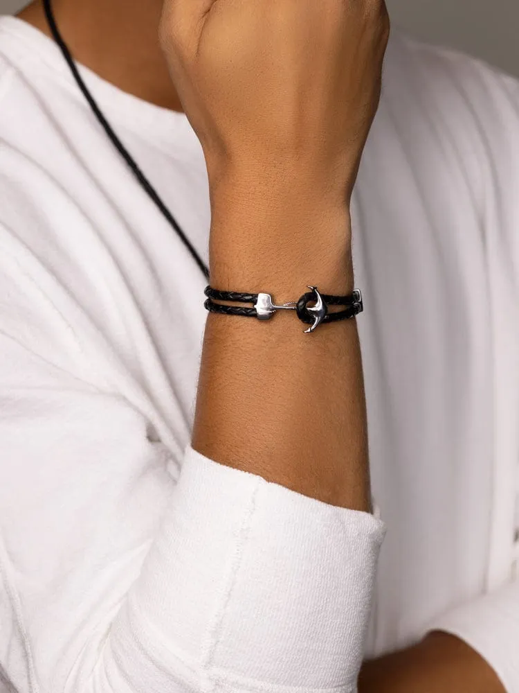 Men's Black Leather Bracelet with Silver Anchor
