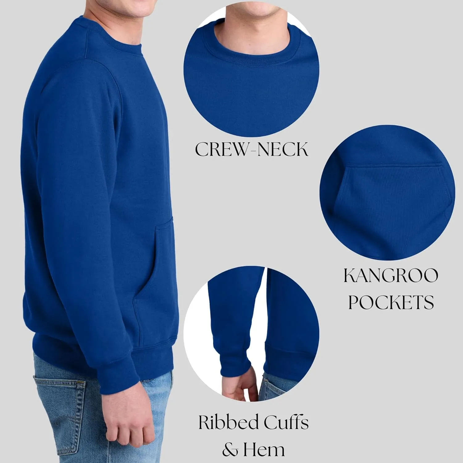 Men's Core Poly Cotton Fleece Pullover Crewneck Kangaroo Pocket Ultra Soft Sweatshirt