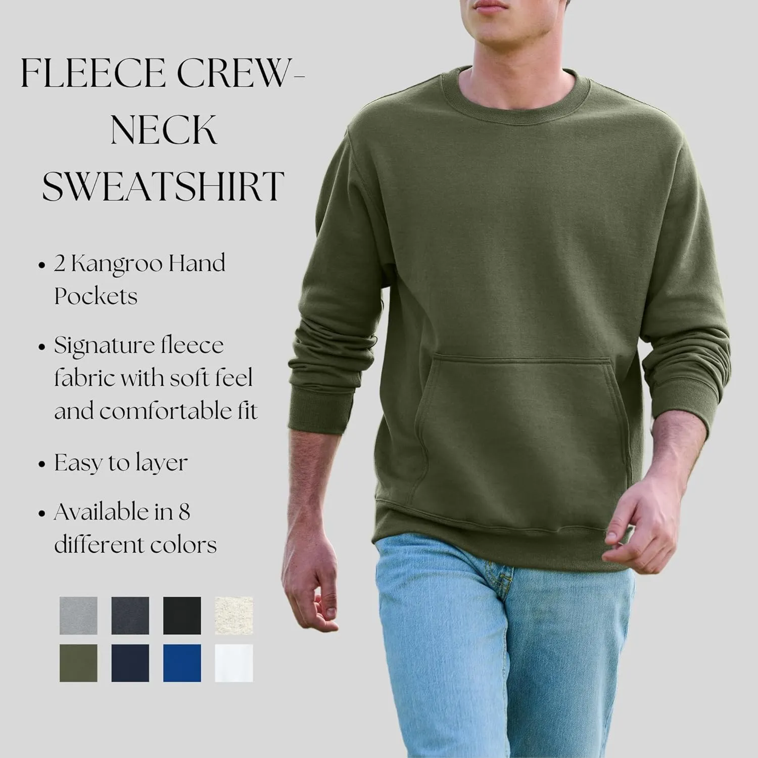 Men's Core Poly Cotton Fleece Pullover Crewneck Kangaroo Pocket Ultra Soft Sweatshirt