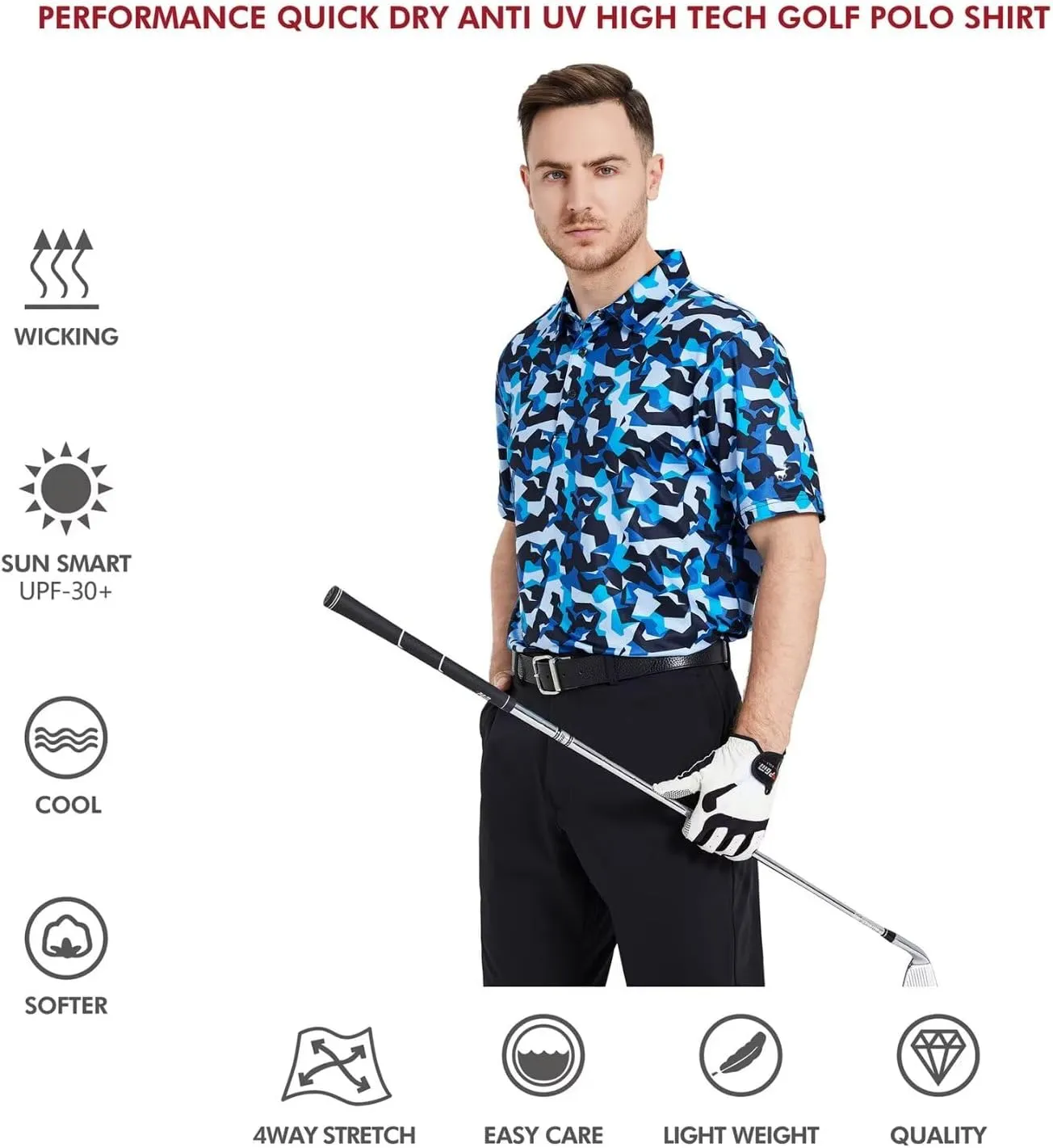 Mens Golf Shirts Short Sleeve Moisture Wicking Dry Fit Print Performance Athletic Casual Golf Polo Shirts for Men
