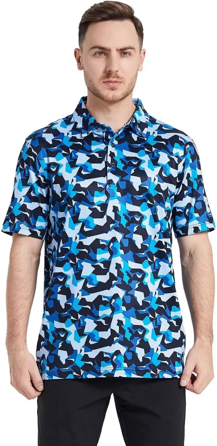 Mens Golf Shirts Short Sleeve Moisture Wicking Dry Fit Print Performance Athletic Casual Golf Polo Shirts for Men