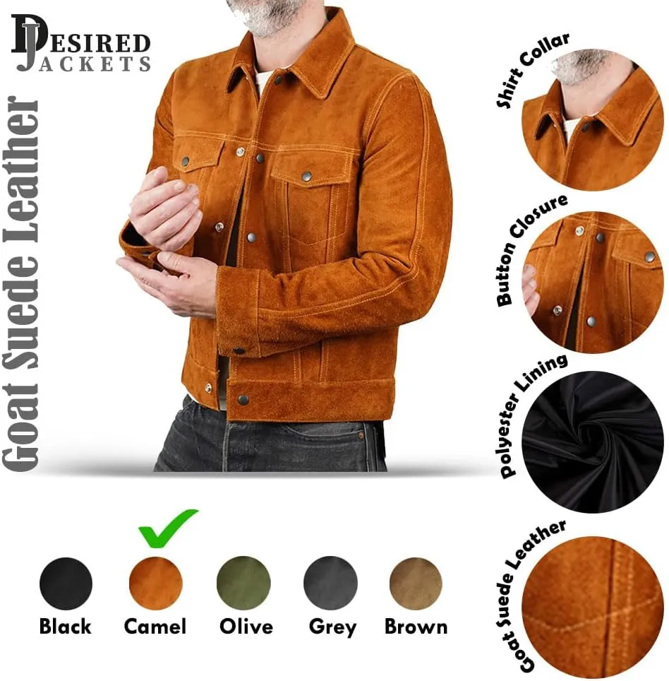 Mens Trucker Suede Leather Jacket - Western Style Cowboy Leather Jacket Camel/Brown