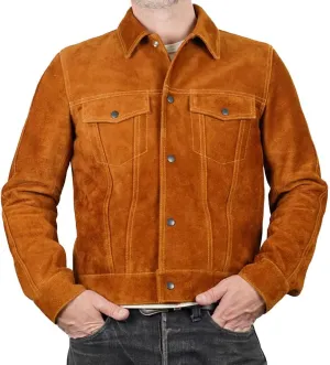 Mens Trucker Suede Leather Jacket - Western Style Cowboy Leather Jacket Camel/Brown