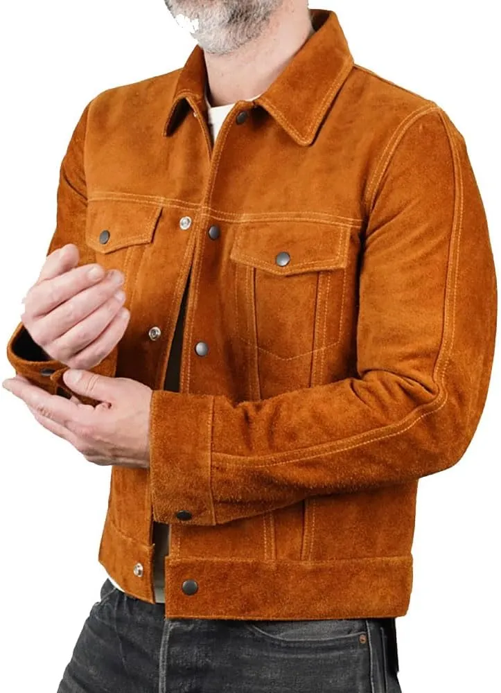 Mens Trucker Suede Leather Jacket - Western Style Cowboy Leather Jacket Camel/Brown