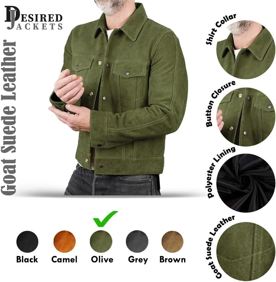 Mens Trucker Suede Leather Jacket - Western Style Cowboy Leather Jacket Camel/Brown