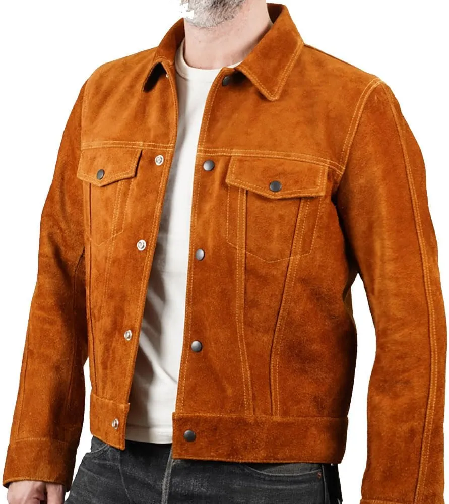 Mens Trucker Suede Leather Jacket - Western Style Cowboy Leather Jacket Camel/Brown
