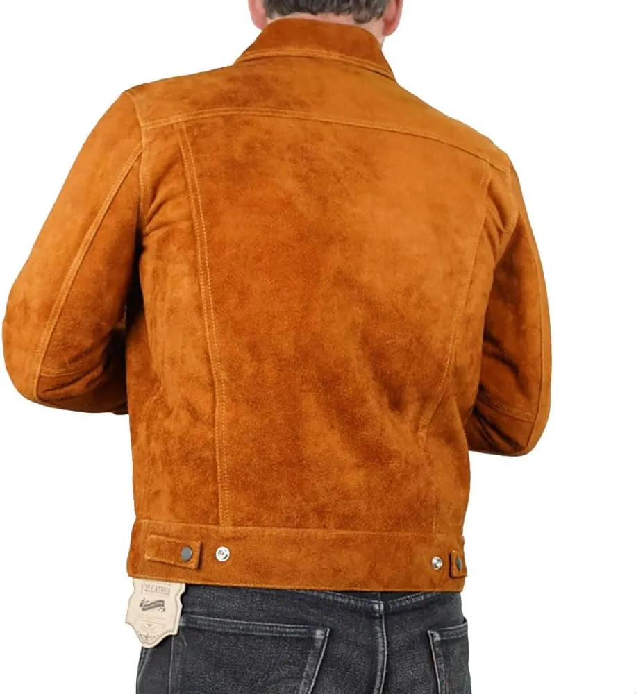 Mens Trucker Suede Leather Jacket - Western Style Cowboy Leather Jacket Camel/Brown