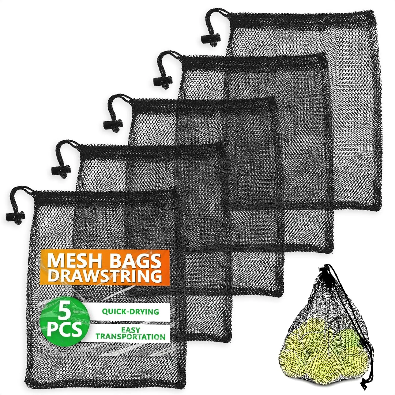 Mesh Bags Drawstring 5Pcs S  Strong, Lightweight, Breathable Mesh Bag with Quick-Dry and Tear-Resistant Design  Easy to Tighten and Adjust for Travel, Sports, Swimming, and Ball Storage