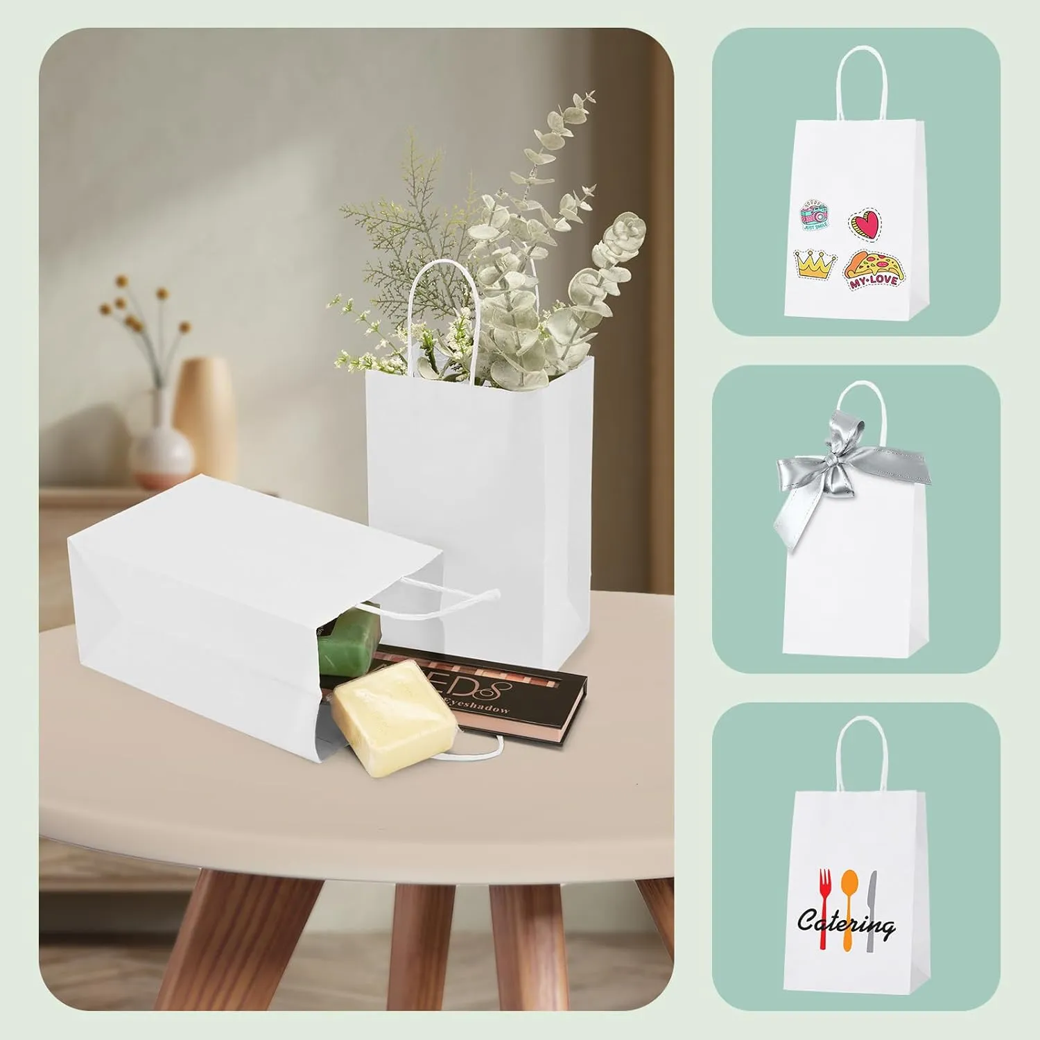 MESHA Gift Paper Bags 20Pcs 5.25x3.75x8'' White Small Shopping Kraft Bags Bulk with Handles Reusable for Business,Grocery,Birthday,Wedding,Kids Party,Favors