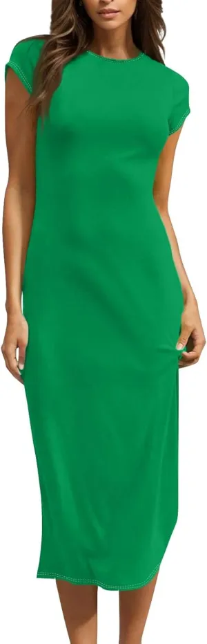 Midi Dresses for Women Summer Crewneck Short Sleeve Tshirt Dress Casual Modest Beach Vacation Homecoming Dresses
