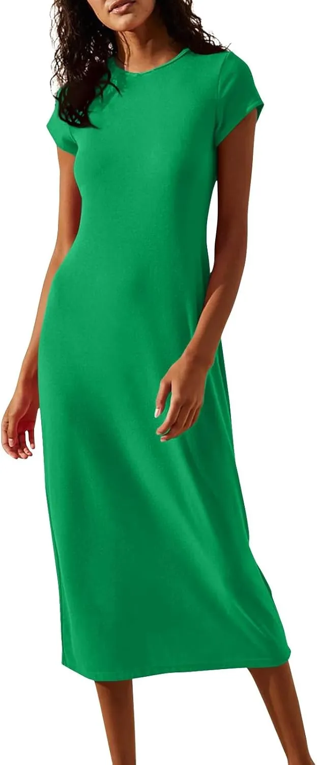 Midi Dresses for Women Summer Crewneck Short Sleeve Tshirt Dress Casual Modest Beach Vacation Homecoming Dresses