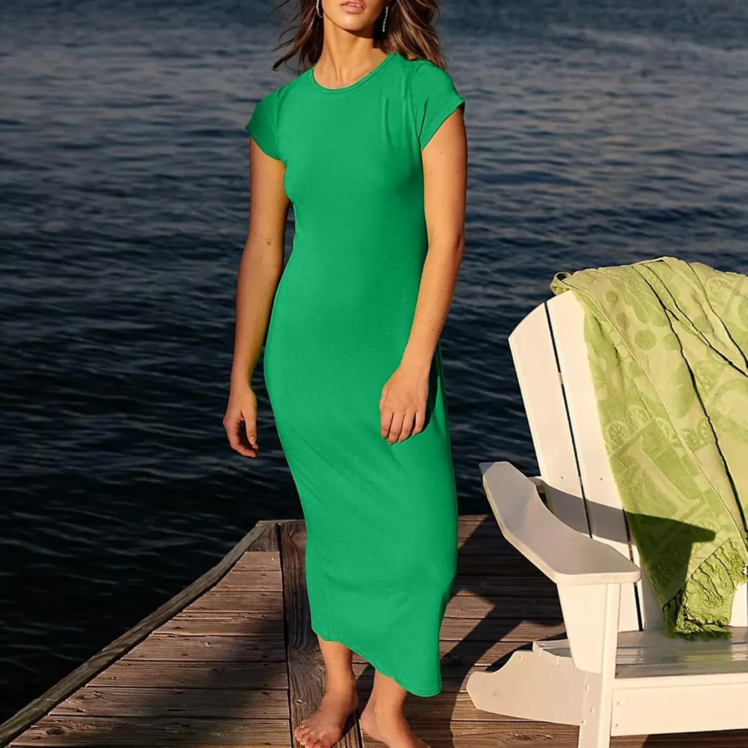 Midi Dresses for Women Summer Crewneck Short Sleeve Tshirt Dress Casual Modest Beach Vacation Homecoming Dresses