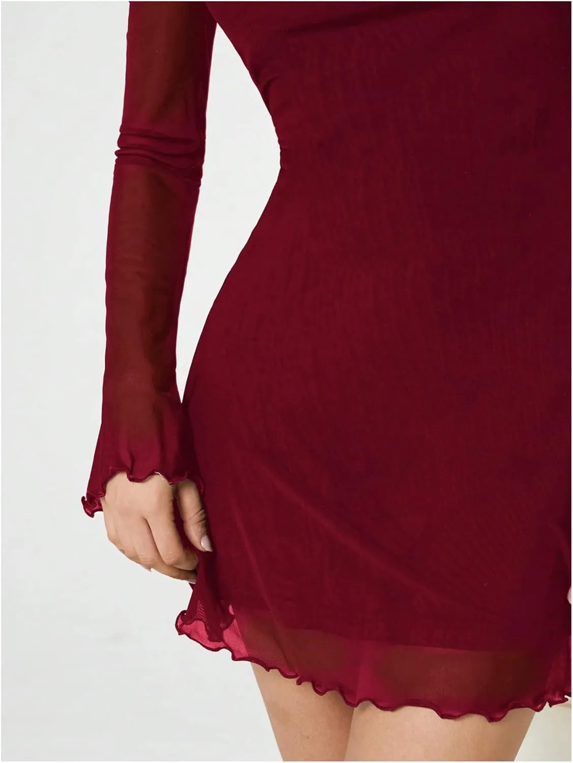 Milumia Women's Mesh Long Bell Sleeve Mini Dress Boat Neck Short Dresses