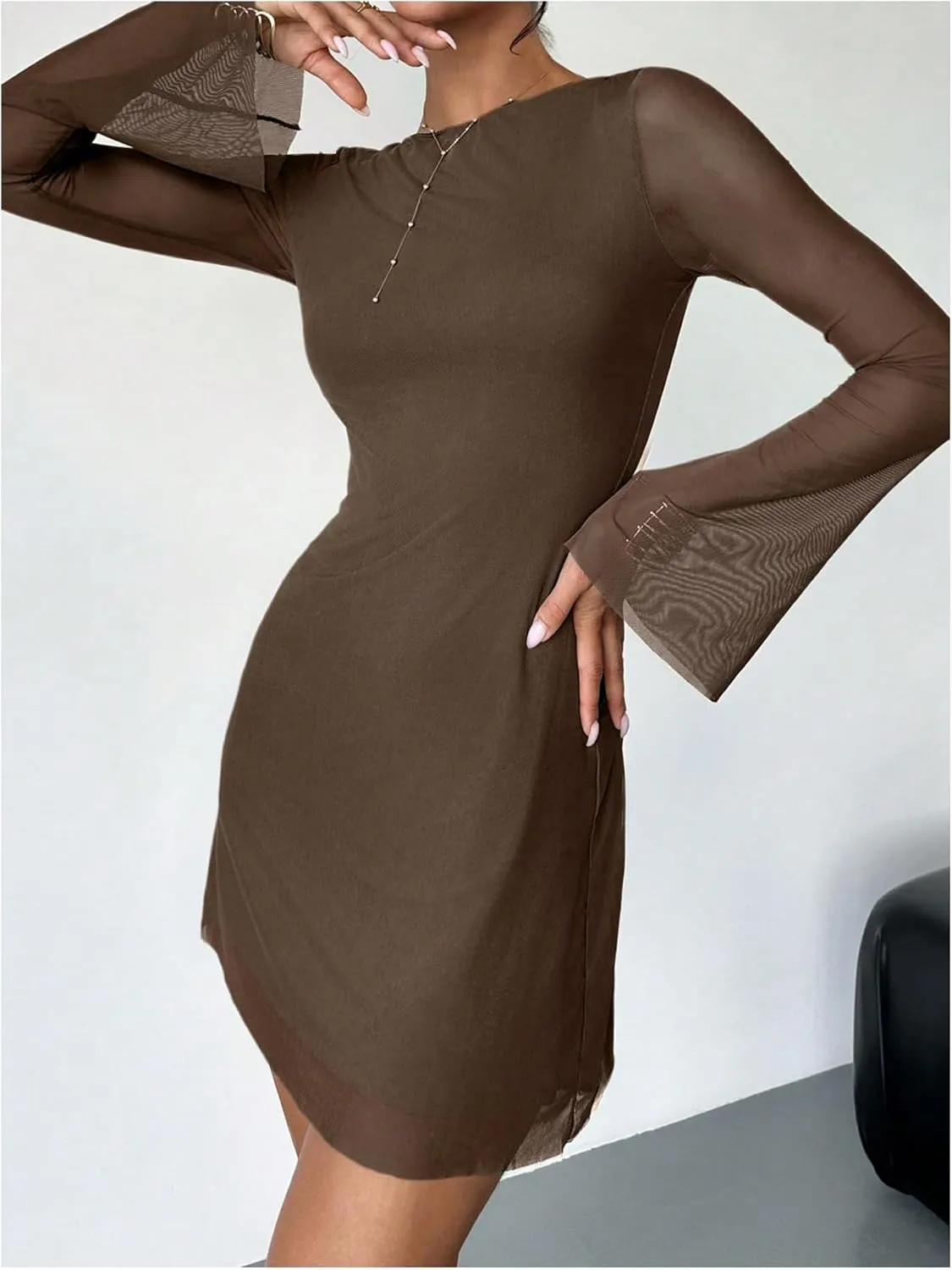 Milumia Women's Mesh Long Bell Sleeve Mini Dress Boat Neck Short Dresses