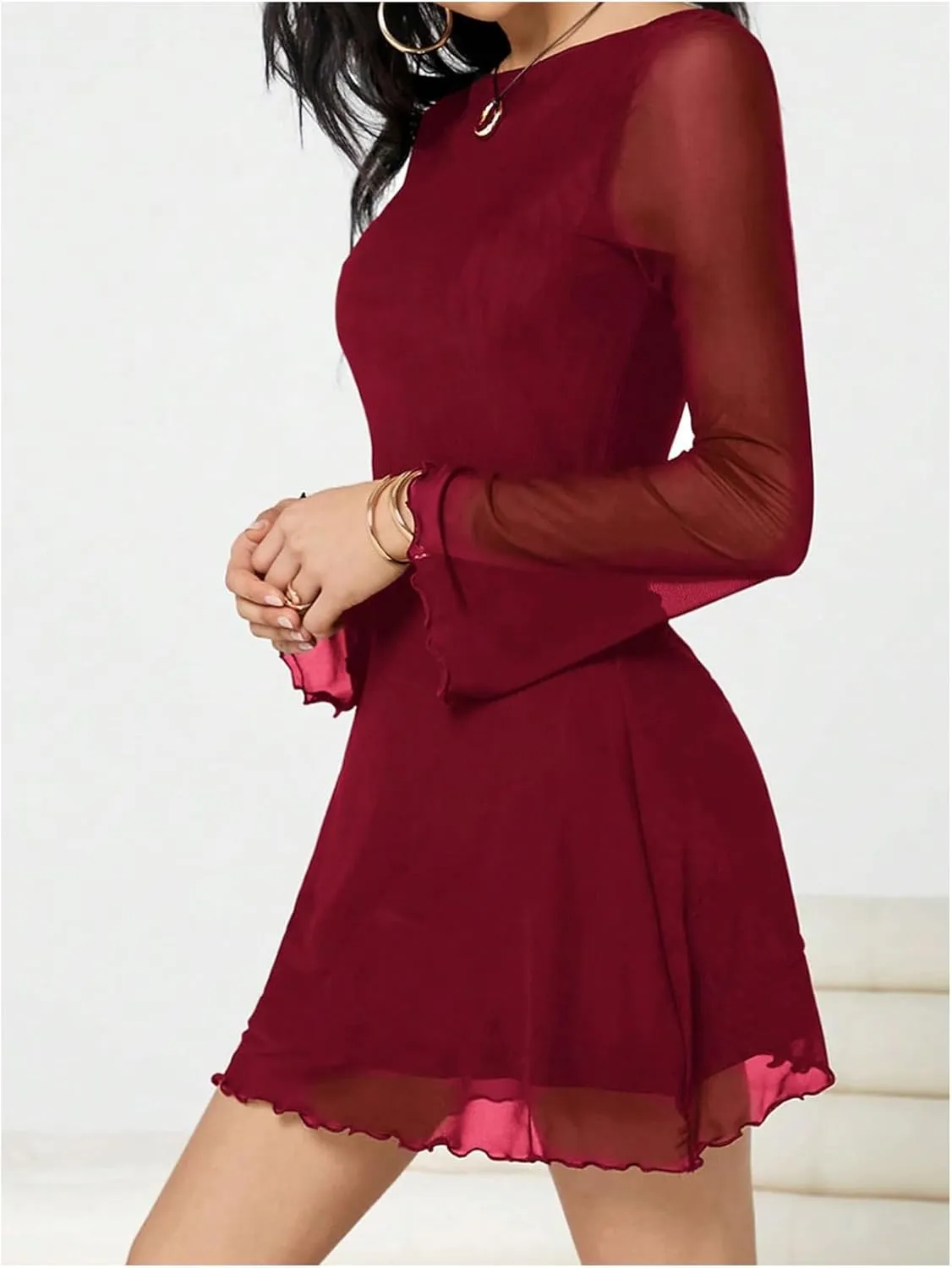 Milumia Women's Mesh Long Bell Sleeve Mini Dress Boat Neck Short Dresses