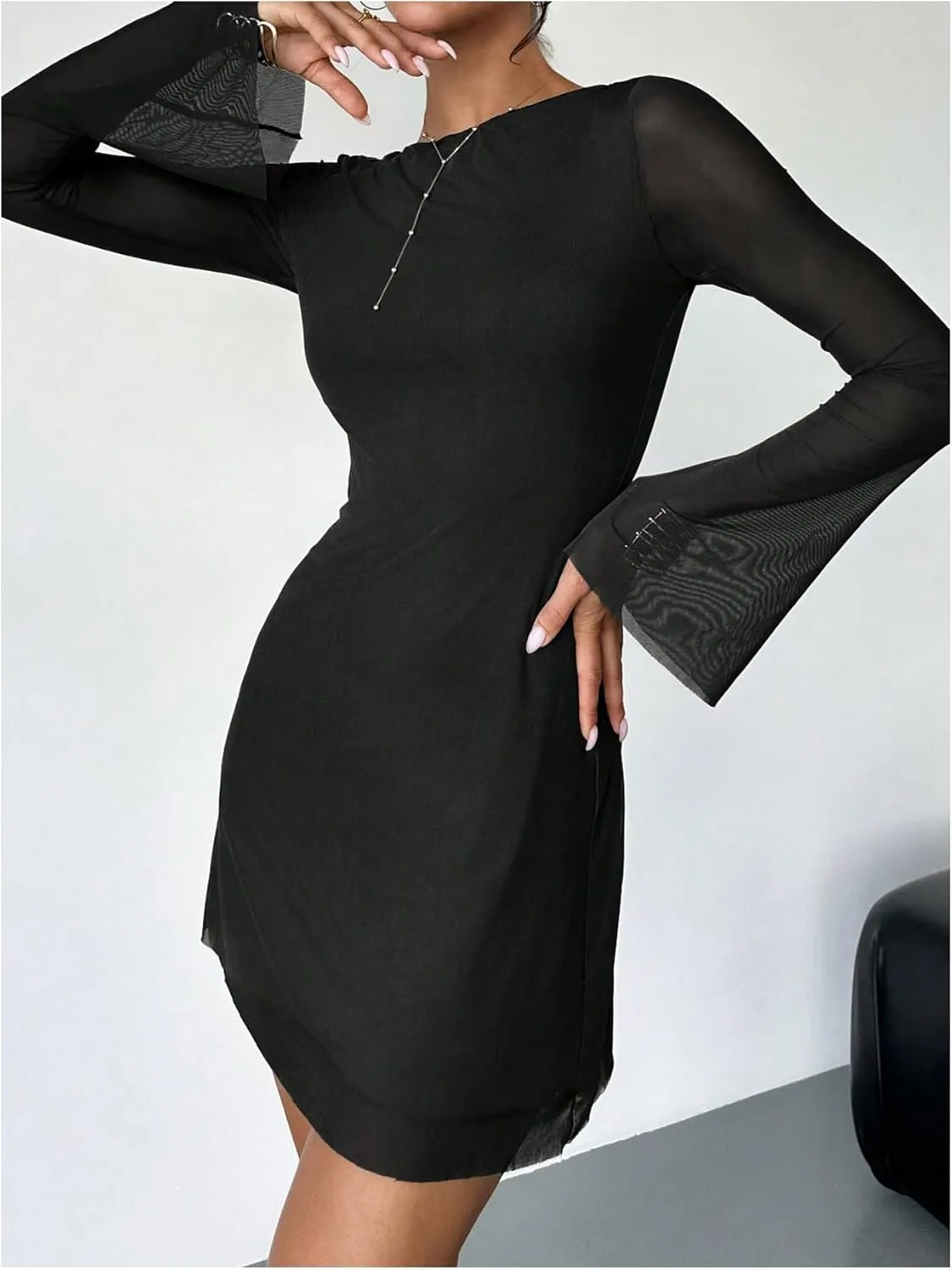 Milumia Women's Mesh Long Bell Sleeve Mini Dress Boat Neck Short Dresses