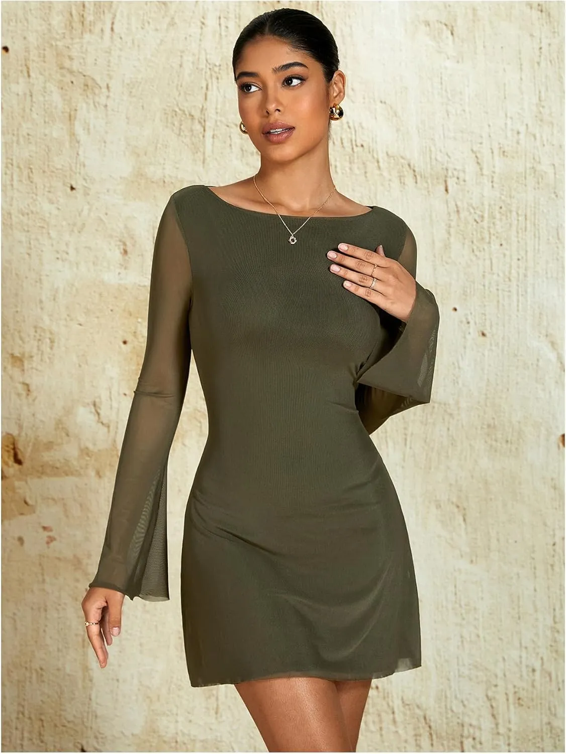 Milumia Women's Mesh Long Bell Sleeve Mini Dress Boat Neck Short Dresses