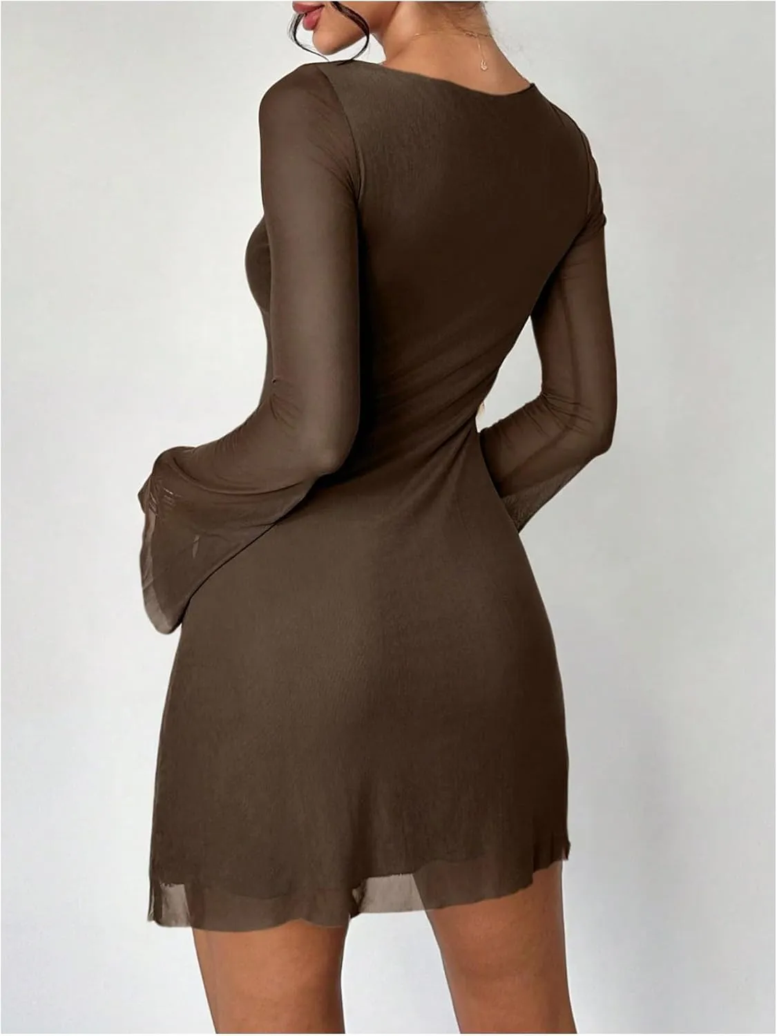 Milumia Women's Mesh Long Bell Sleeve Mini Dress Boat Neck Short Dresses