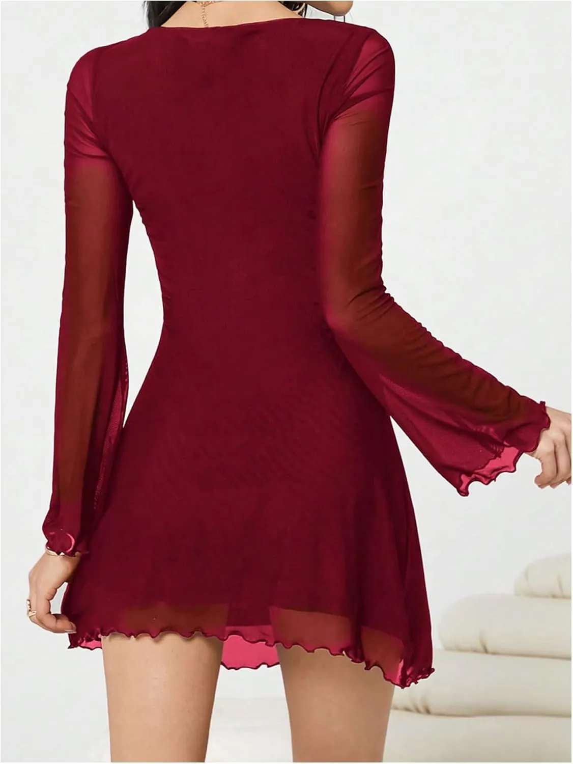 Milumia Women's Mesh Long Bell Sleeve Mini Dress Boat Neck Short Dresses