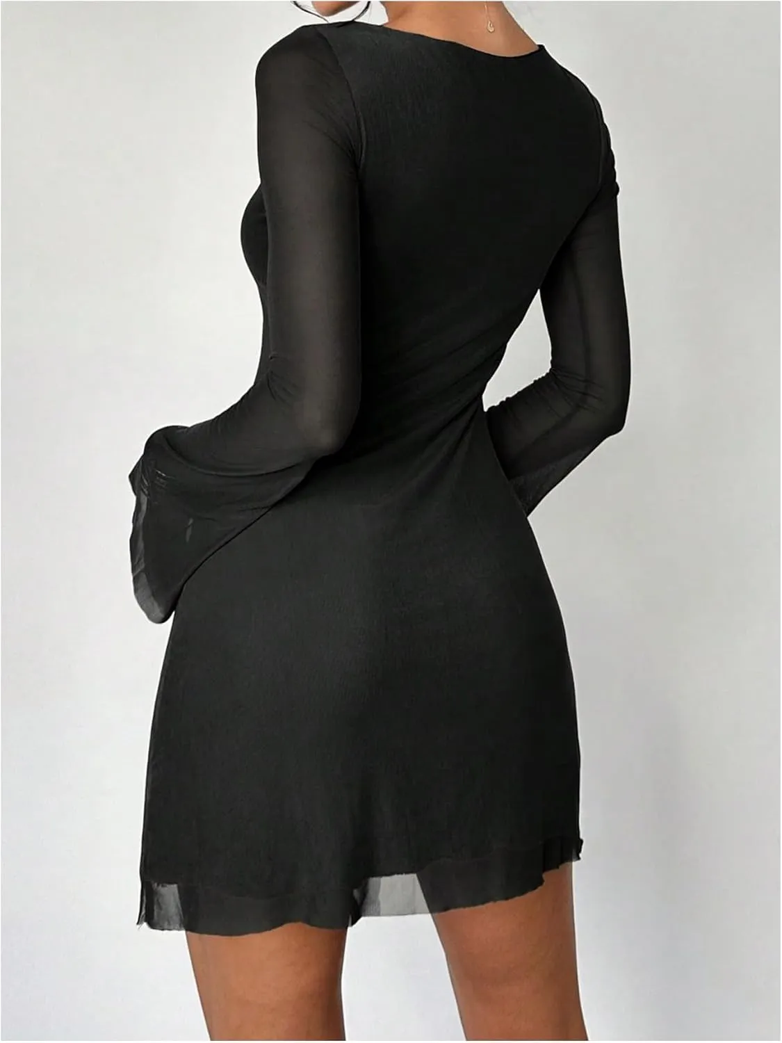 Milumia Women's Mesh Long Bell Sleeve Mini Dress Boat Neck Short Dresses