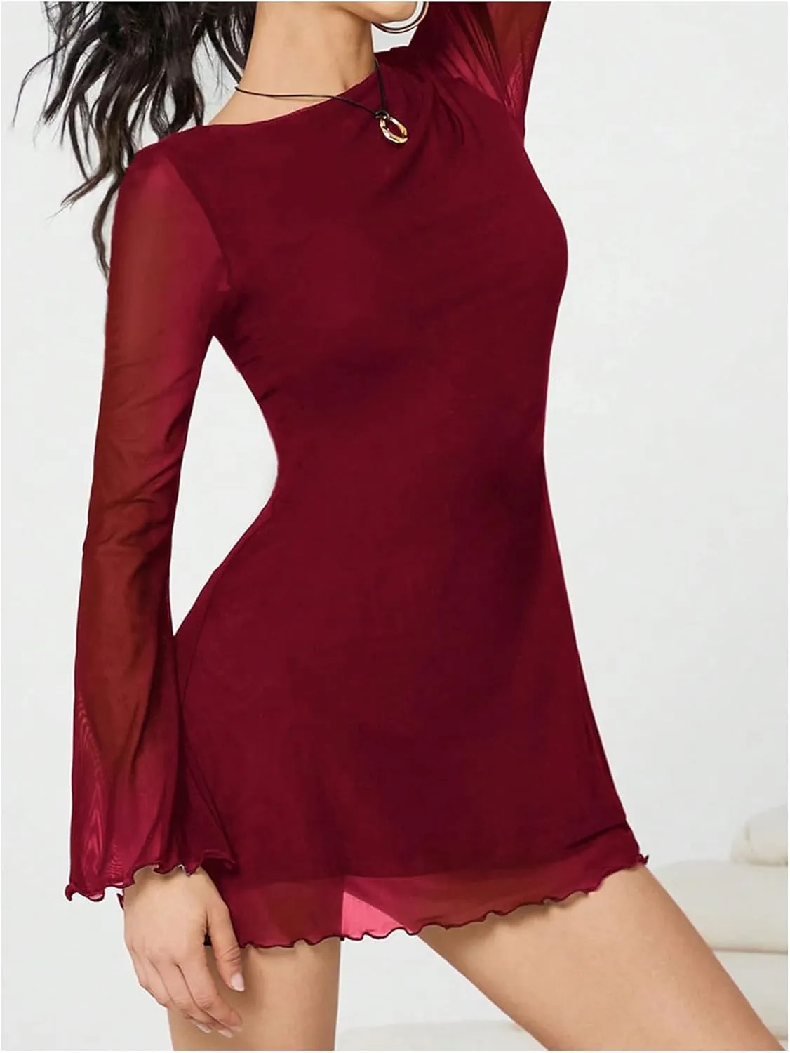 Milumia Women's Mesh Long Bell Sleeve Mini Dress Boat Neck Short Dresses