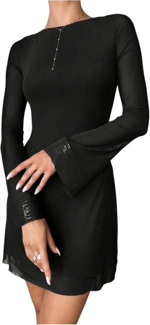 Milumia Women's Mesh Long Bell Sleeve Mini Dress Boat Neck Short Dresses