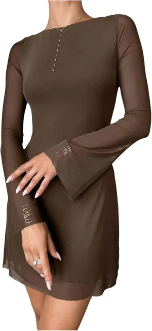 Milumia Women's Mesh Long Bell Sleeve Mini Dress Boat Neck Short Dresses