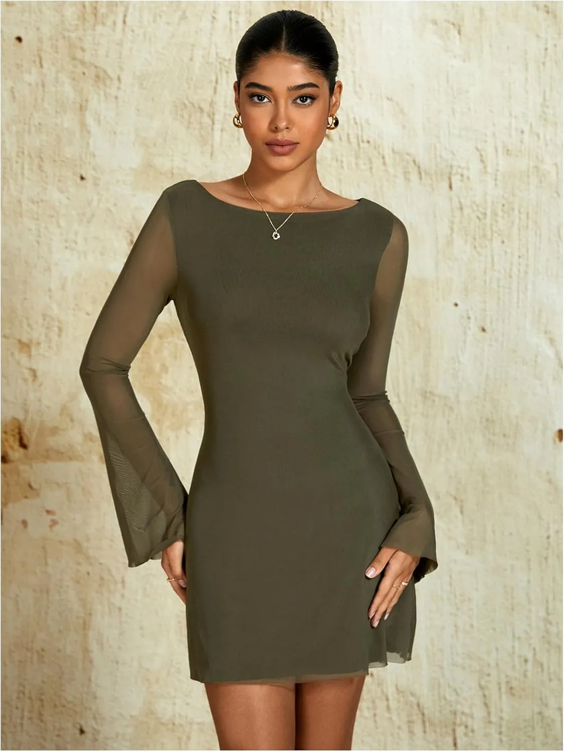 Milumia Women's Mesh Long Bell Sleeve Mini Dress Boat Neck Short Dresses