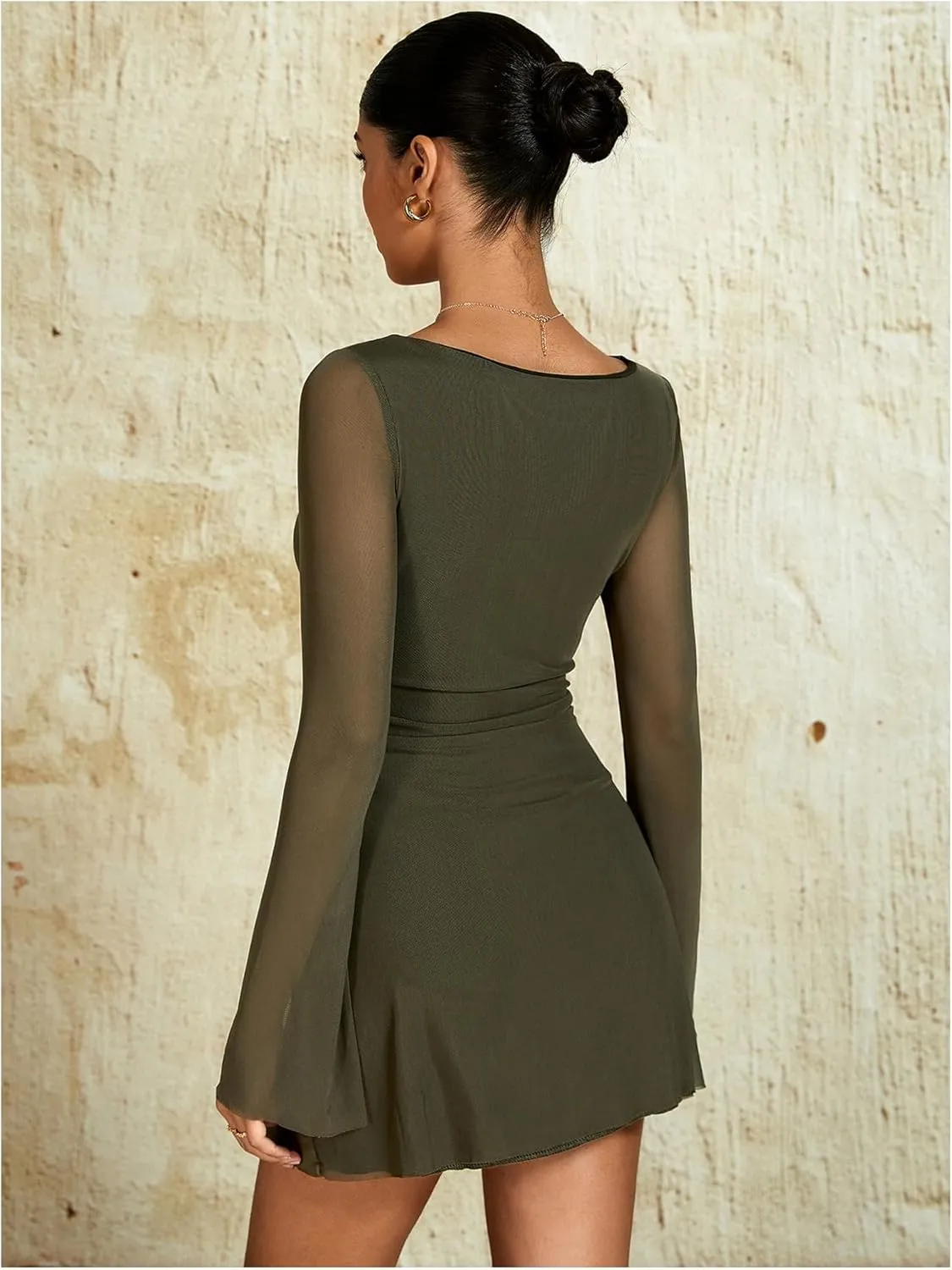 Milumia Women's Mesh Long Bell Sleeve Mini Dress Boat Neck Short Dresses