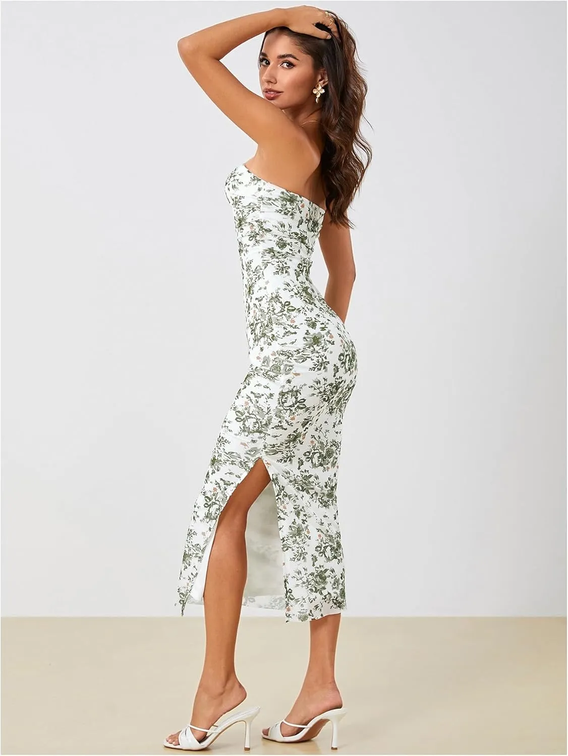 Milumia Women's Summer Disty Floral Bodycon Maxi Dress Boho Strapless Mesh Tube Dresses