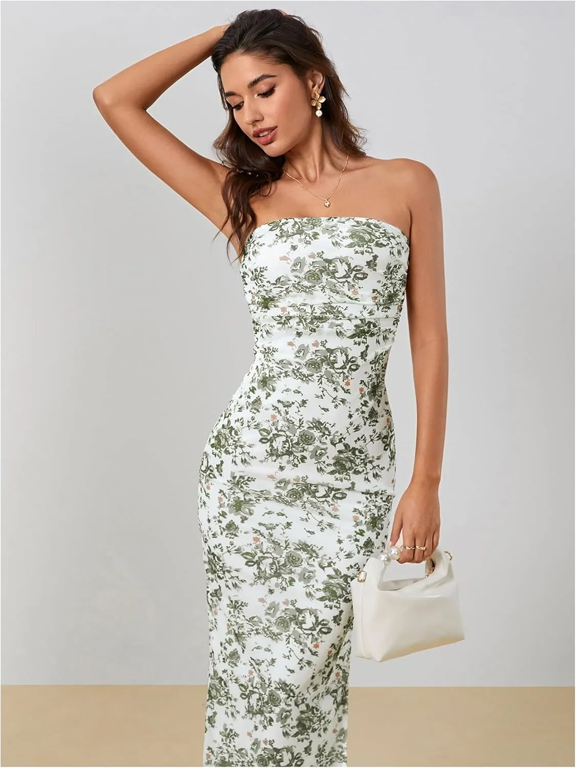 Milumia Women's Summer Disty Floral Bodycon Maxi Dress Boho Strapless Mesh Tube Dresses