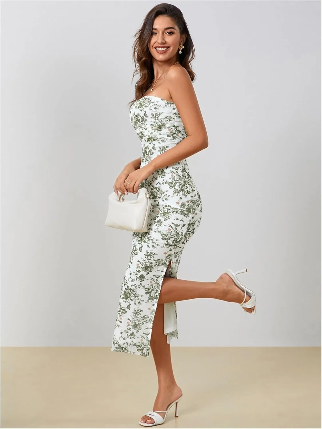 Milumia Women's Summer Disty Floral Bodycon Maxi Dress Boho Strapless Mesh Tube Dresses