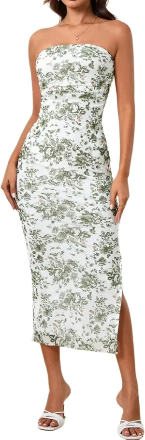 Milumia Women's Summer Disty Floral Bodycon Maxi Dress Boho Strapless Mesh Tube Dresses