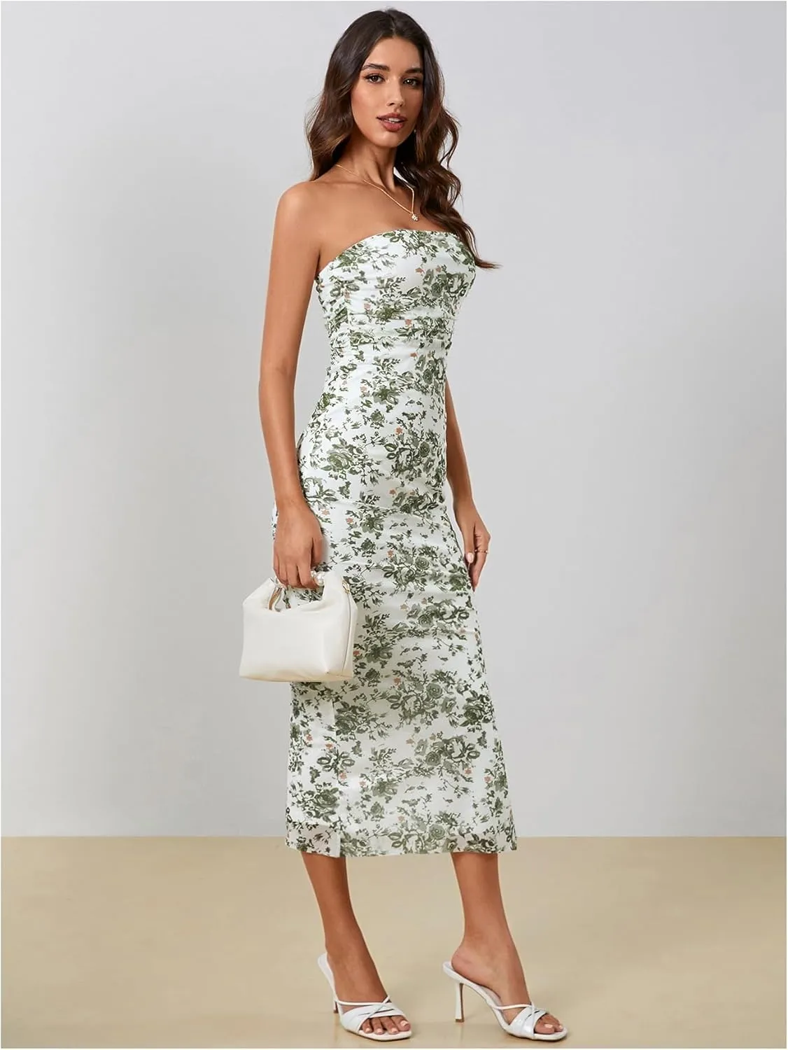 Milumia Women's Summer Disty Floral Bodycon Maxi Dress Boho Strapless Mesh Tube Dresses