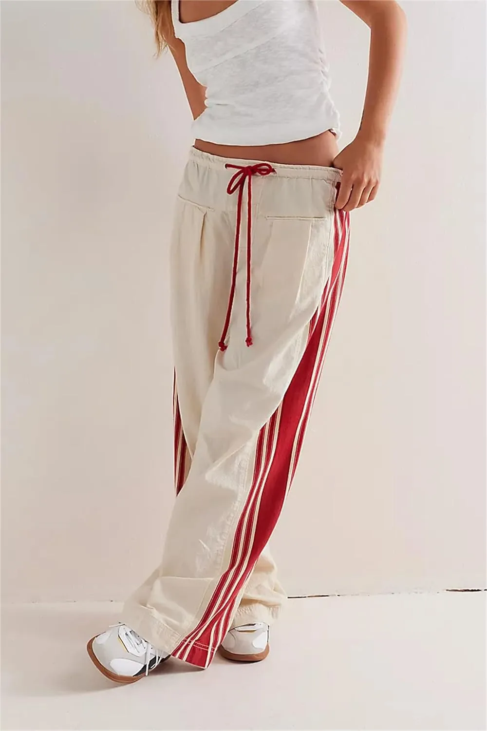 Miqil Women Y2K Striped Sweatpants Loose Wide Leg Drawstring Side Stripe Track Pants Elastic Waist Baggy Joggers