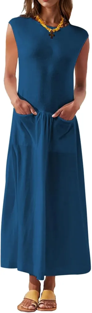 Naggoo Womens Sleeveless Maxi Dress Summer Casual Crewneck Tank Long Dreses with Pocket Vacation Beach Sundress