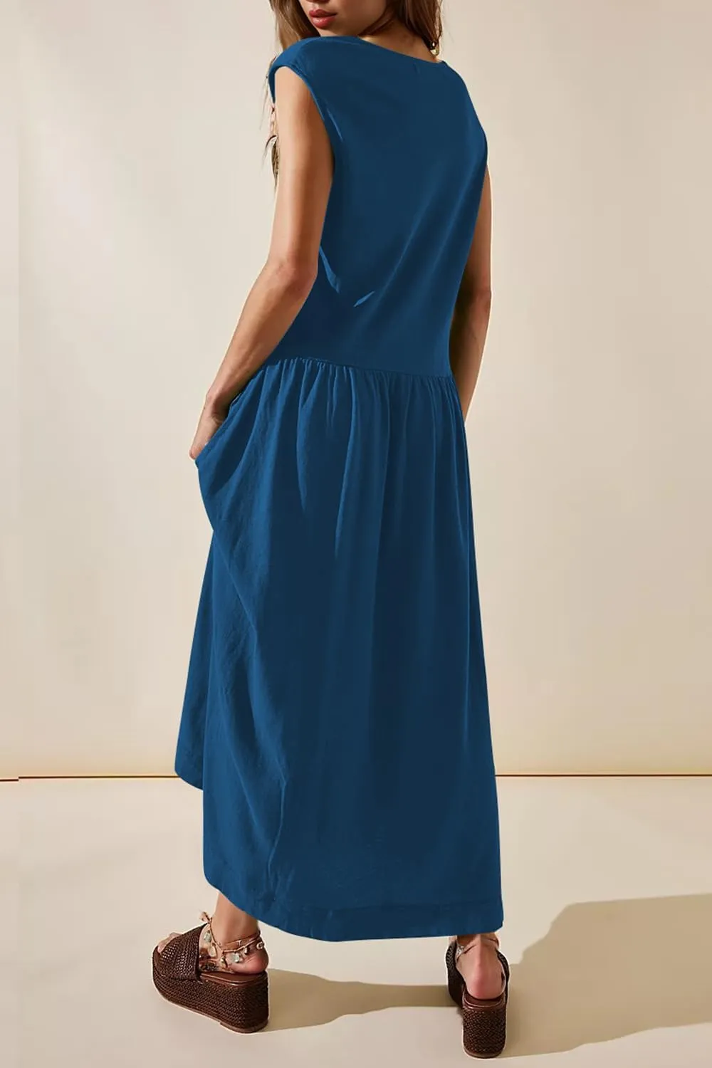 Naggoo Womens Sleeveless Maxi Dress Summer Casual Crewneck Tank Long Dreses with Pocket Vacation Beach Sundress