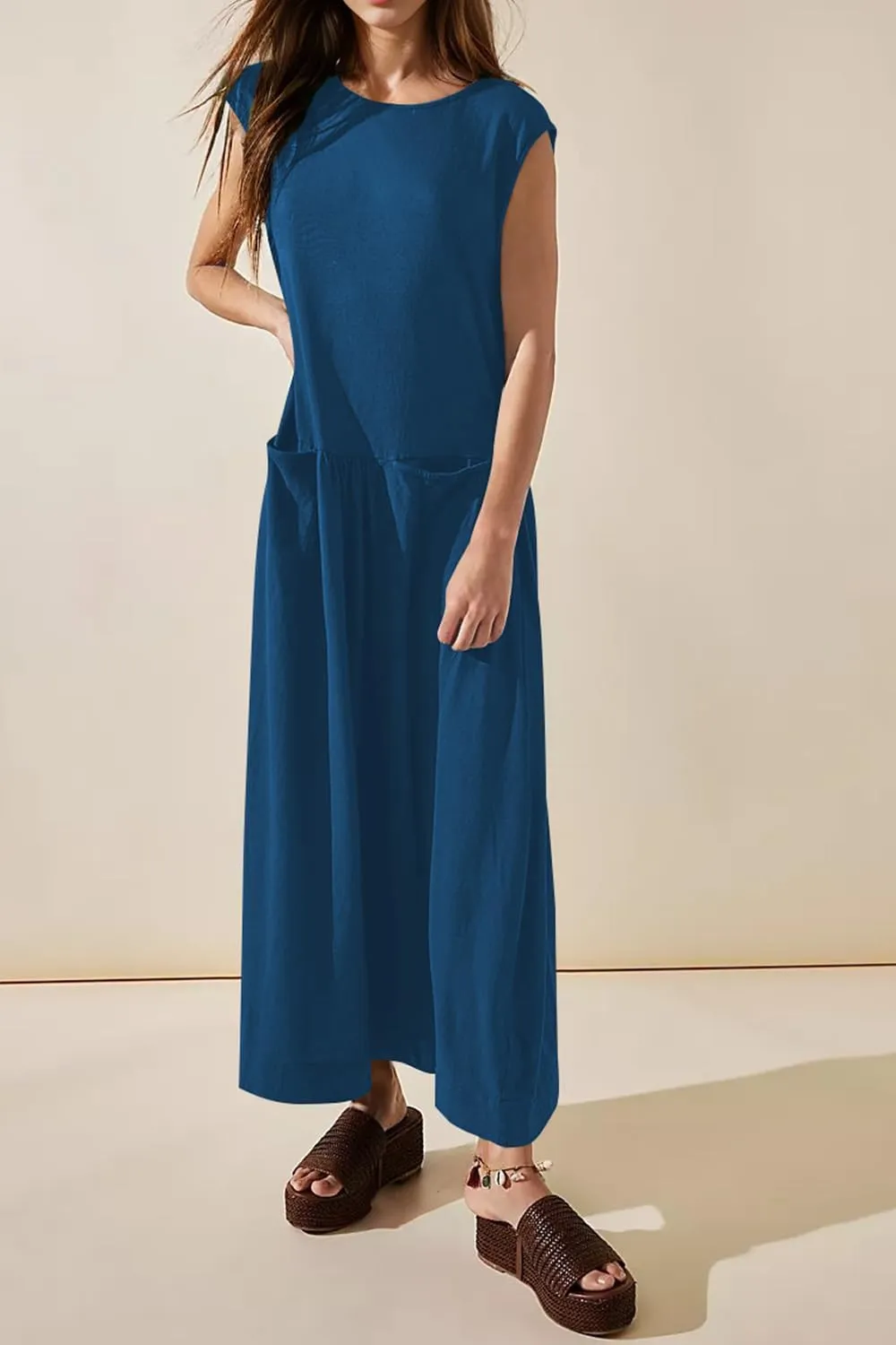 Naggoo Womens Sleeveless Maxi Dress Summer Casual Crewneck Tank Long Dreses with Pocket Vacation Beach Sundress