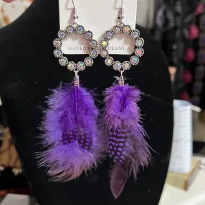 Native Inspired Purple Feather Sparkle Hoop Earrings
