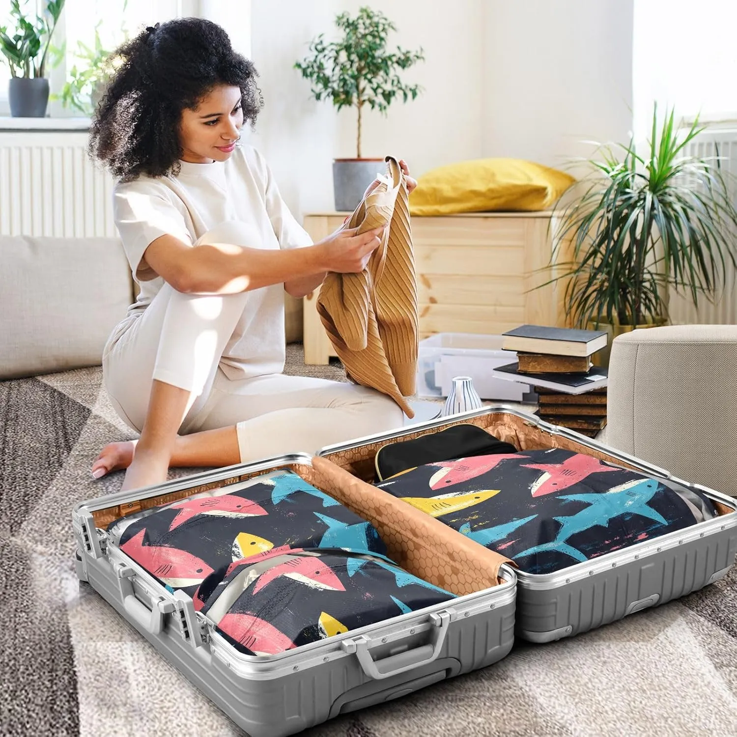Nature fish sea Pirate Style 3 Set Travel Packing Cubes For Suitcases, Foldable, Garment Bag Closet Storage, Luggage Space Saver, Luggages Management Personnel