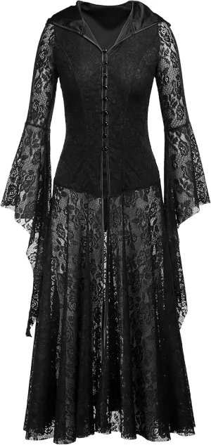 Nihsatin Women's Gothic Fairy Victorian Hooded Lace Cardigan Bell Sleeve Button Up Corset Dress