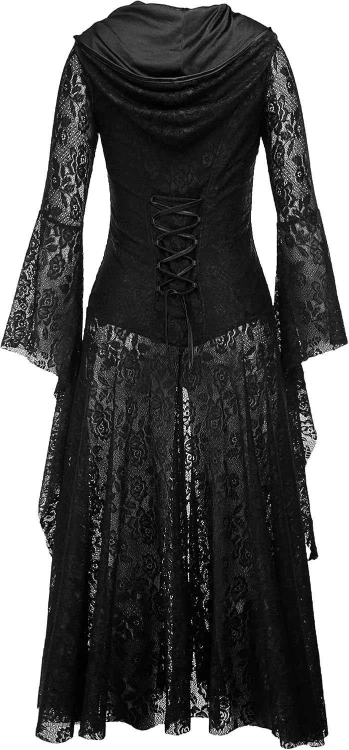 Nihsatin Women's Gothic Fairy Victorian Hooded Lace Cardigan Bell Sleeve Button Up Corset Dress