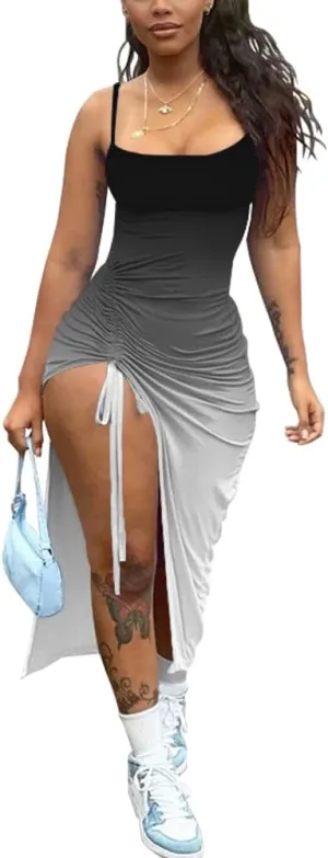Nimsruc Womens Sexy Summer Dresses Spaghetti Strap Thigh-high Slit Ruched Bodycon Maxi Club Cocktail Party Dress