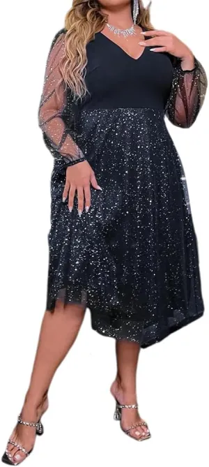 ODIZLI Plus Size Sexy Long Sleeve V Neck/Crewneck Sequin/Floral Dress for Women Fashion Dress for Lady