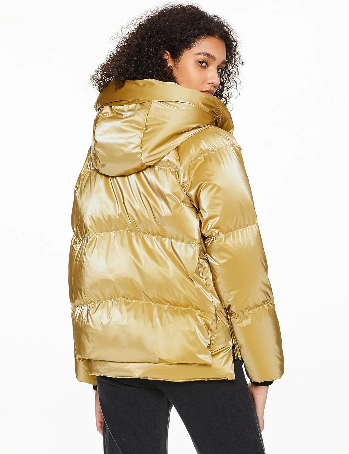 Orolay Women's Metallic Down Jacket Short Cropped Puffer Jacket Full-zip Water-resistant Outerwear with Fleece-lined Hood