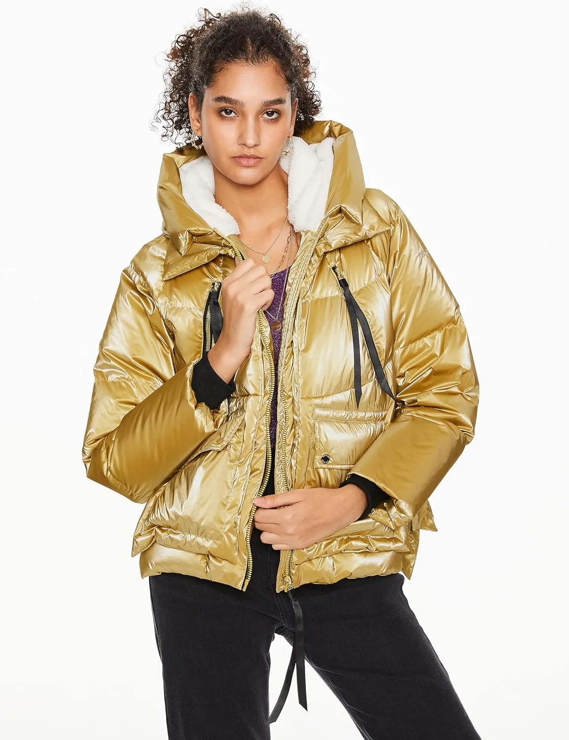 Orolay Women's Metallic Down Jacket Short Cropped Puffer Jacket Full-zip Water-resistant Outerwear with Fleece-lined Hood