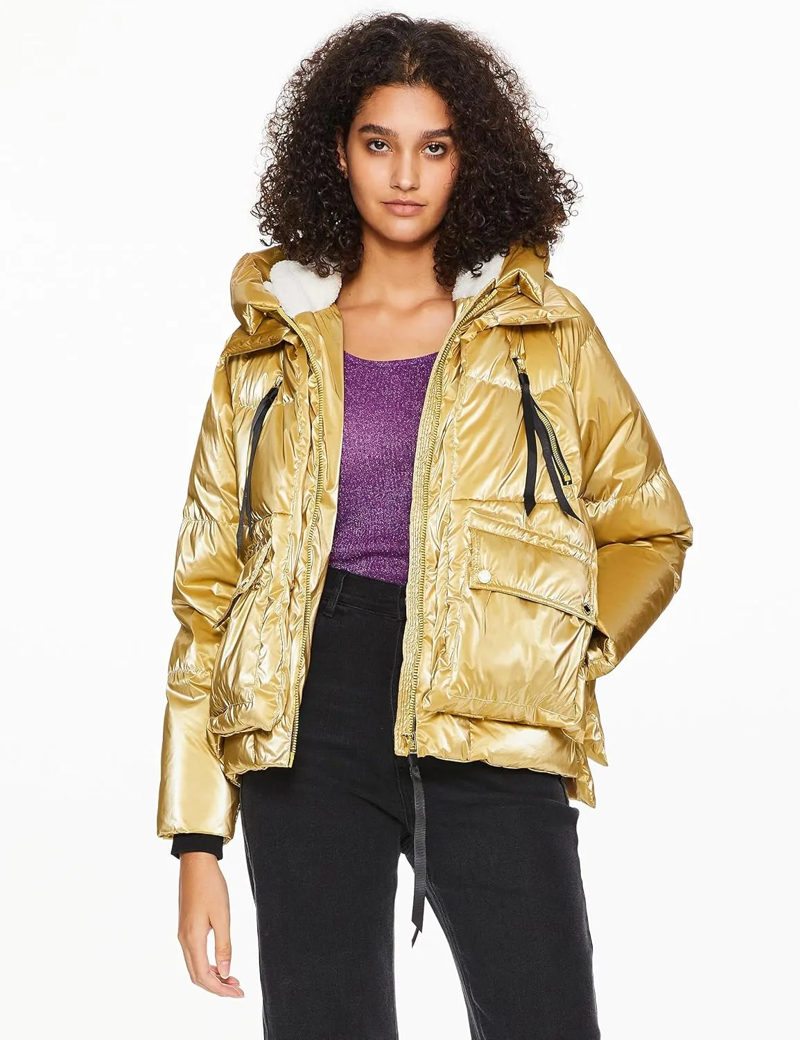 Orolay Women's Metallic Down Jacket Short Cropped Puffer Jacket Full-zip Water-resistant Outerwear with Fleece-lined Hood